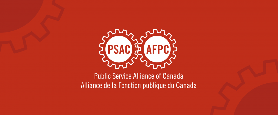 Red graphic with the Public Service Alliance of Canada (PSAC) bilingual logo in white in the middle. 