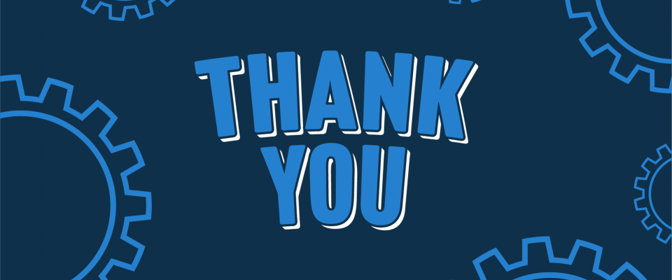 Thank you graphic Blue graphic with cogs that says
