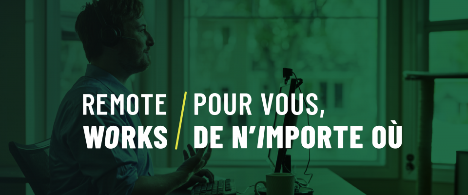 Person working from home at a computer desk with a green overlay that says 