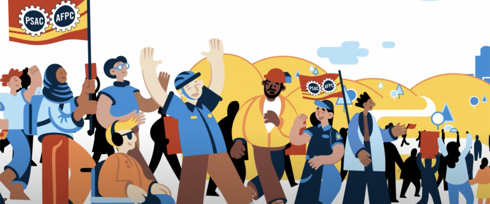 A crowd of illustrated characters with PSAC flags