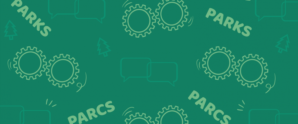 Green background with repeating “PARKS / PARCS” text, gears, trees, and speech-bubble icons.