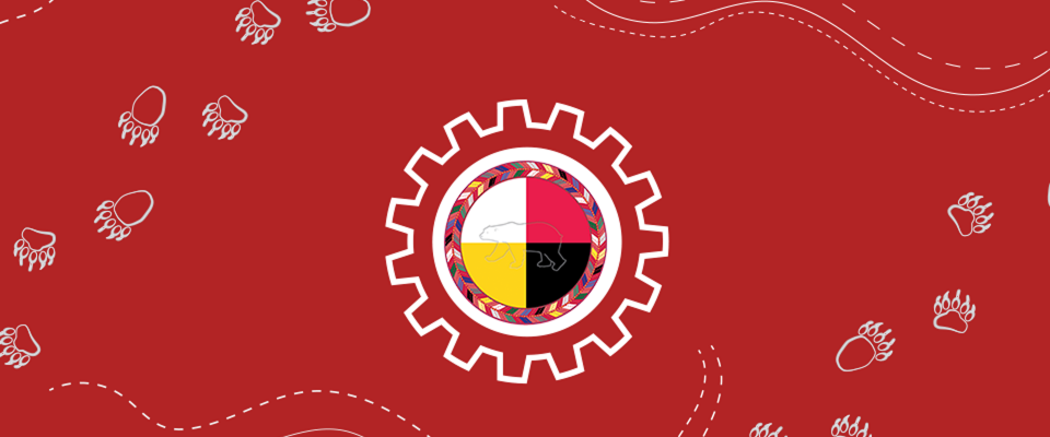 Red background with National Indigenous Peoples Circle logo in the middle