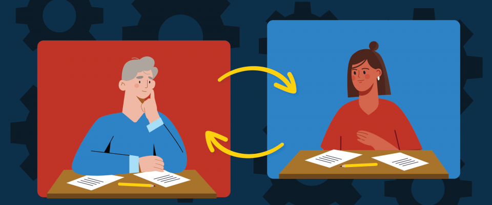 Two people looking at each other with circular arrows between them