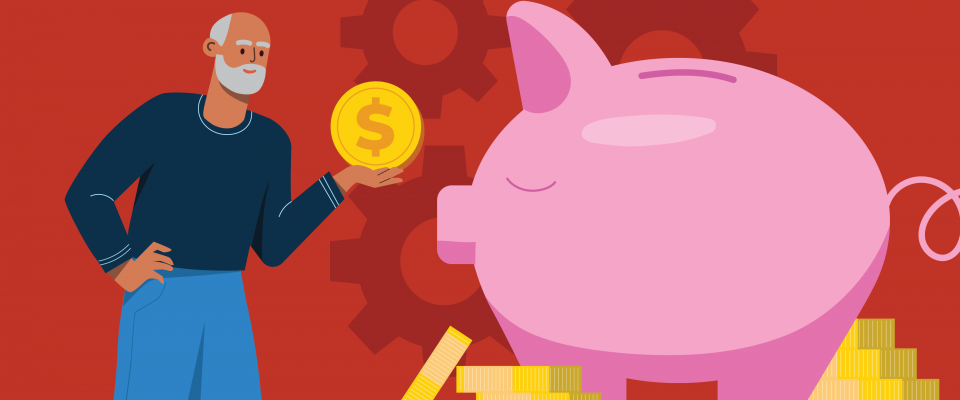 Illustration of a man putting a coin into a giant piggy bank.