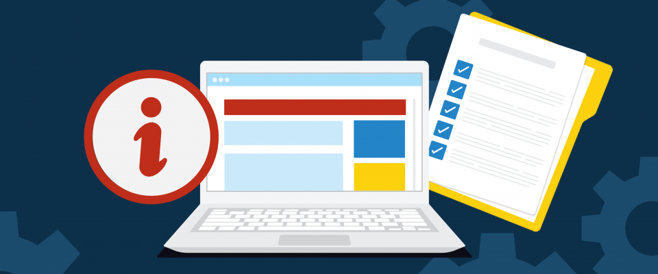 Laptop, clipboard, and an information bubble