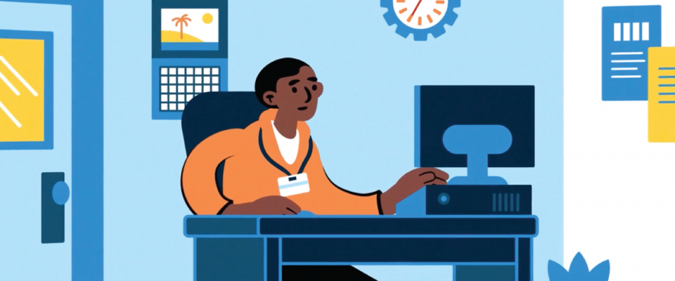 WFA video graphic Screen grab from the video of a person sitting at a desk and looking at a computer