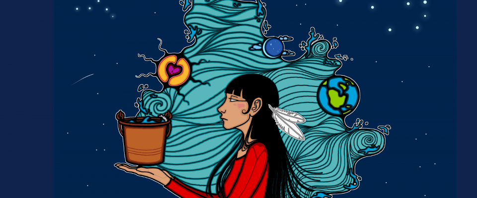 Illustration of an Indigenous woman carrying water, symbolizing a sacred bond with the Earth.