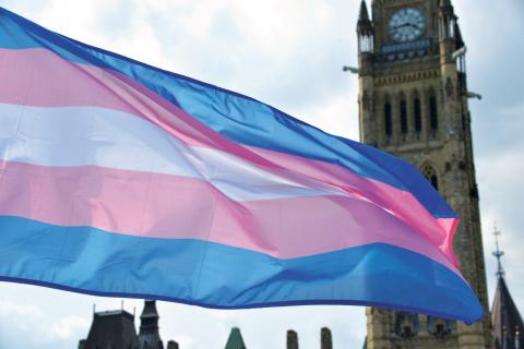 Transgender pride flag floating in front of the Parliament