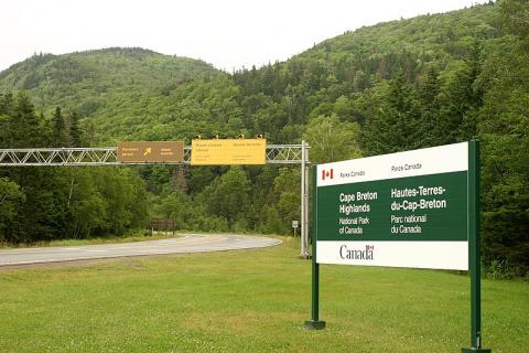 Parks Canada entrance sign saying Cape Breton Highlands National Park of Canada