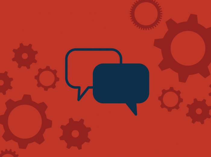 Red background with cogs and speech bubbles