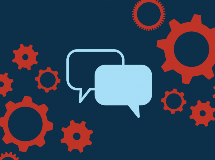 Blue background with cogs and speech bubbles