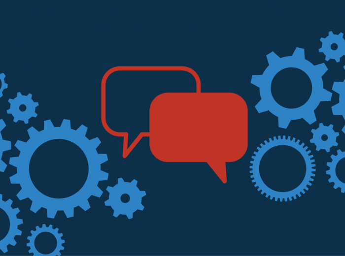 Blue background with cogs and speech bubbles