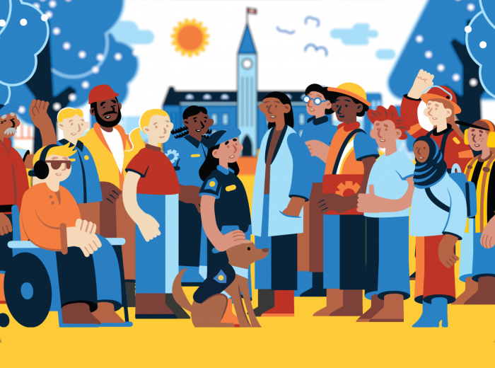 Drawing of  diverse crowd outside parliament hill 