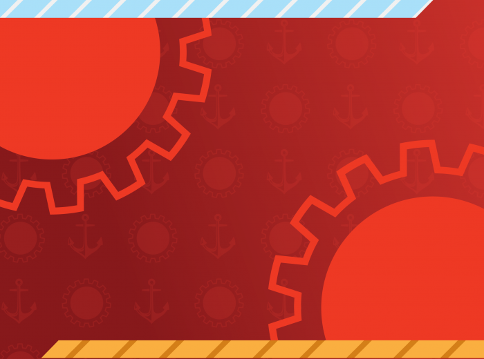 Image of red gears with blue and yellow borders