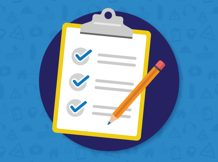 Graphic of a checklist on a clipboard with a pencil on a blue background.