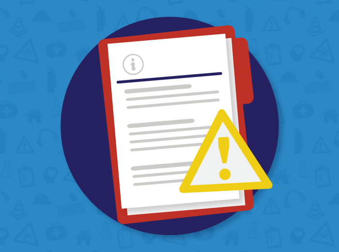 Graphic of a paper document with a hazard symbol on a blue background.