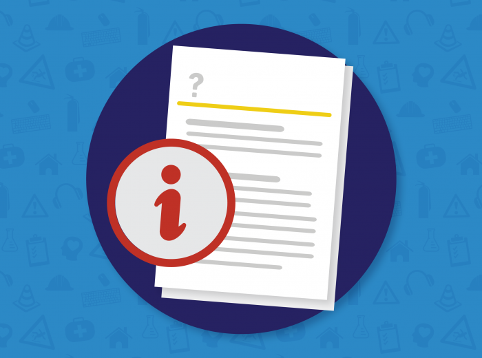 Graphic of a paper document with an "i" for Information symbol on a blue background.