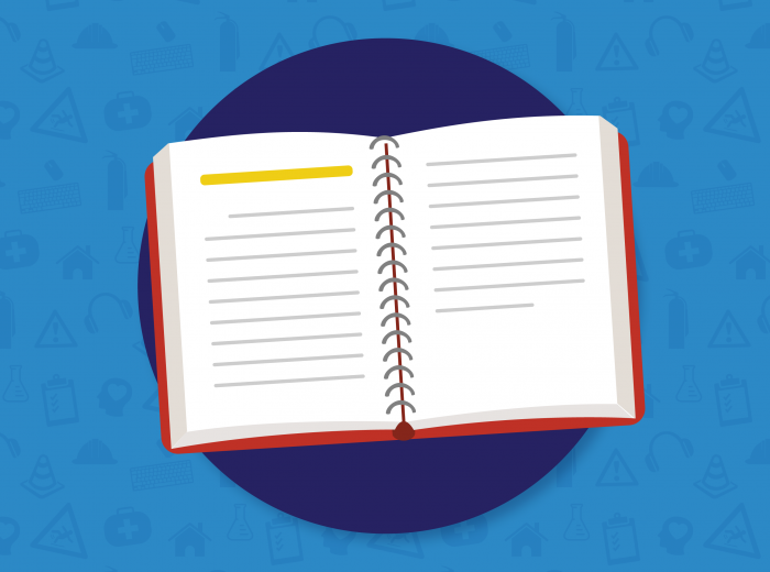 Graphic of an open book with text on a blue background.