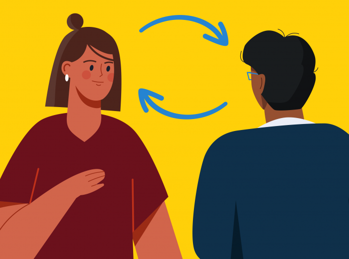 Two people looking at each other with circular arrows between them