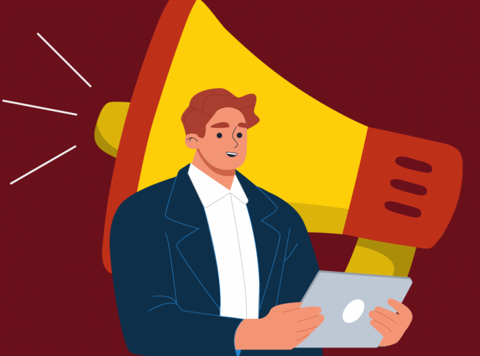 Figure with binder in front of yellow megaphone 