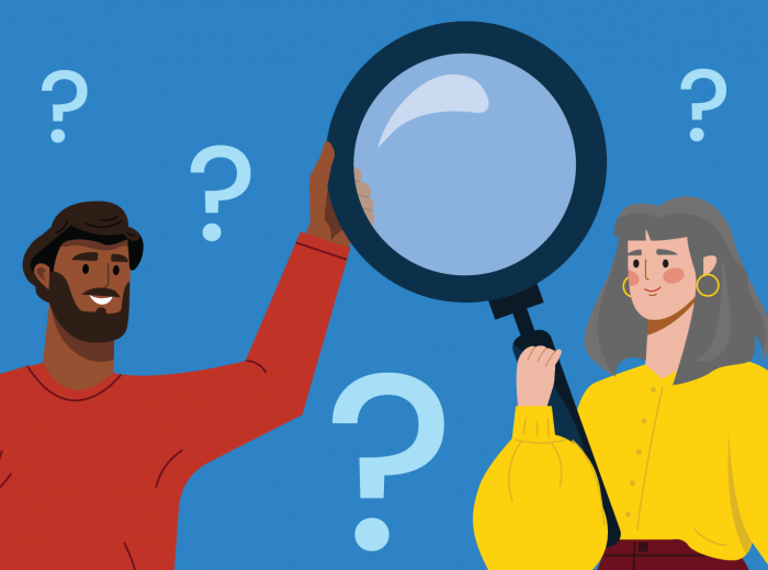 Two people holding a magnifying glass in front of a collage of question marks 