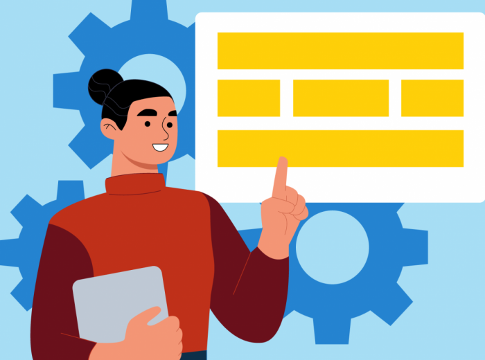 Figure holding binder in front of calendar 