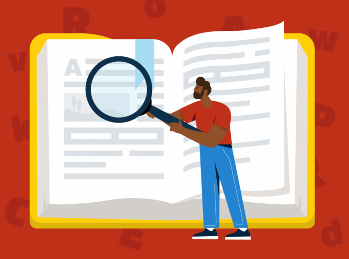 Figure with magnifying glass in front of yellow book 