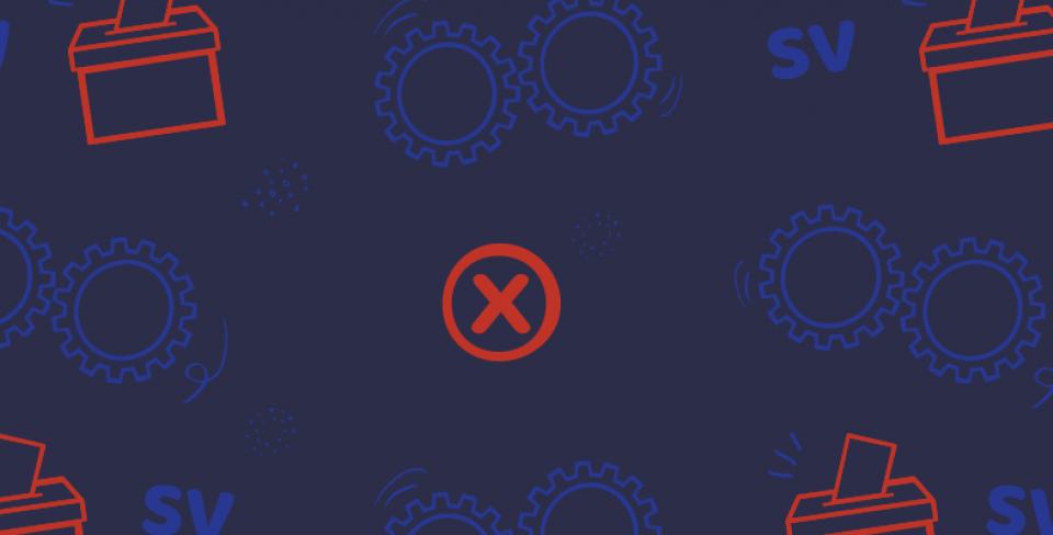 Patterned background with symbols of vote boxes, checkmarks, and SV letters