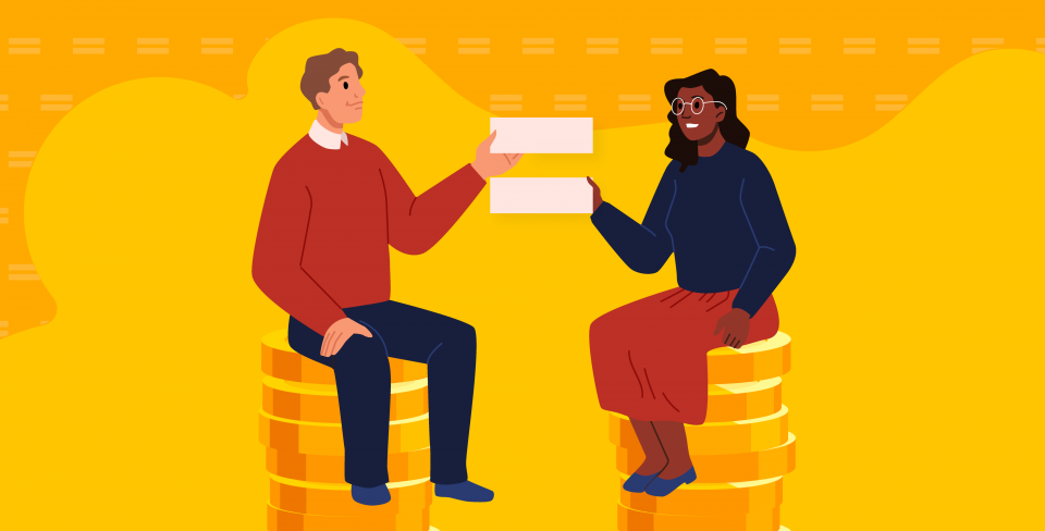 Animated graphic with a man and woman holding the "equal" symbol