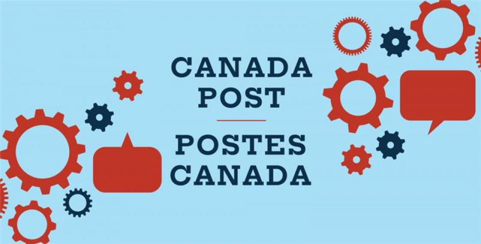 Light blue graphic that says Canada Post, Postes Canada in the middle with cog graphics around it.