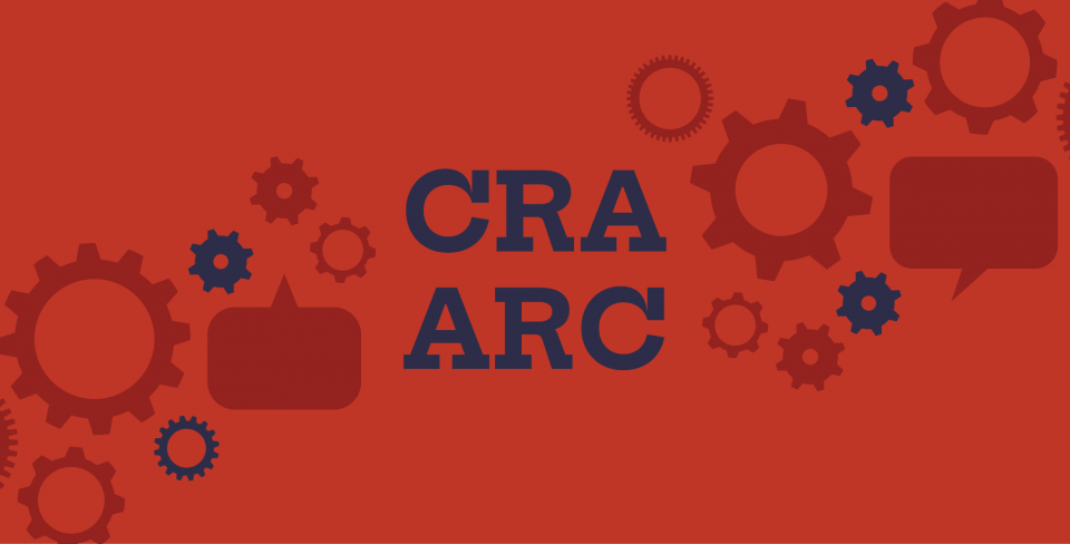 Red background with a collage of cogs and chat bubbles and the words "CRA" in the middle.
