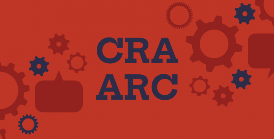 Red graphic with cogs and text in the middle that says "CRA ARC".