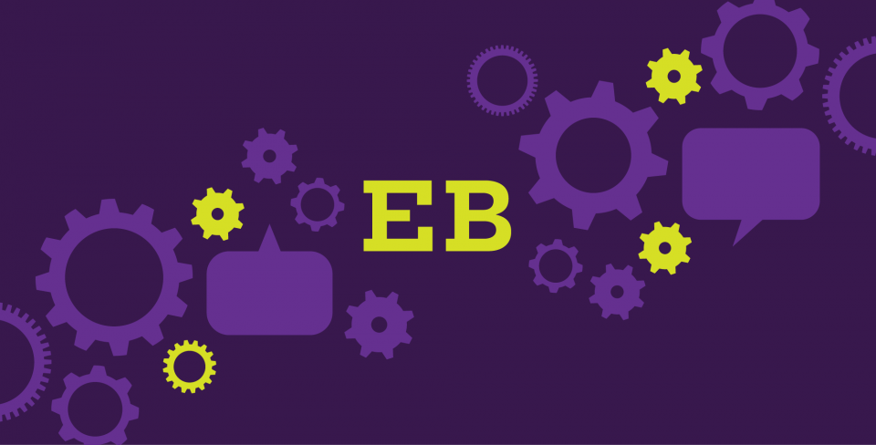 Purple background with a collage of cogs and speech bubbles and the letters "EB" in the middle.