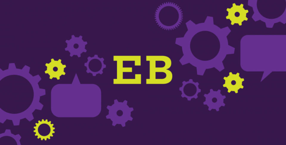 Purple graphic with cogs and text in the centre that reads "EB".