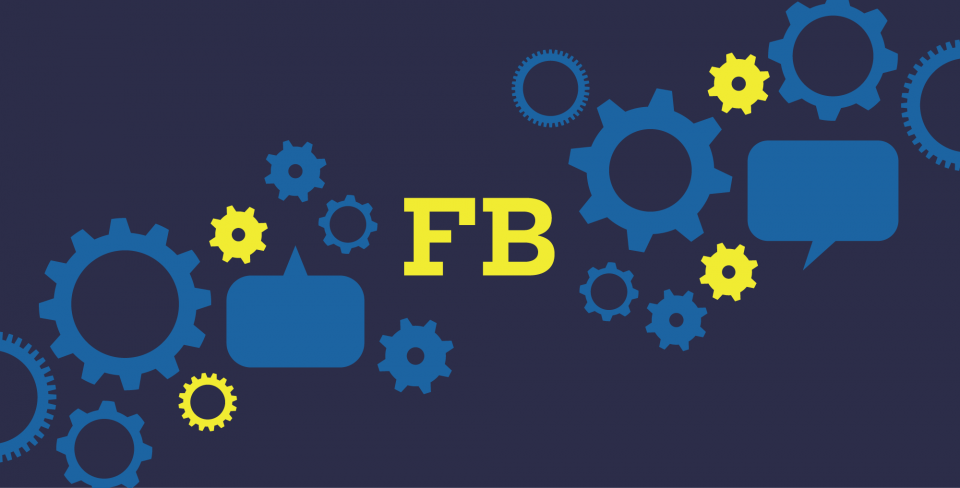 FB bargaining graphic Navy background with blue and yellow cogs and chat bubbles with "FB" in the middle.
