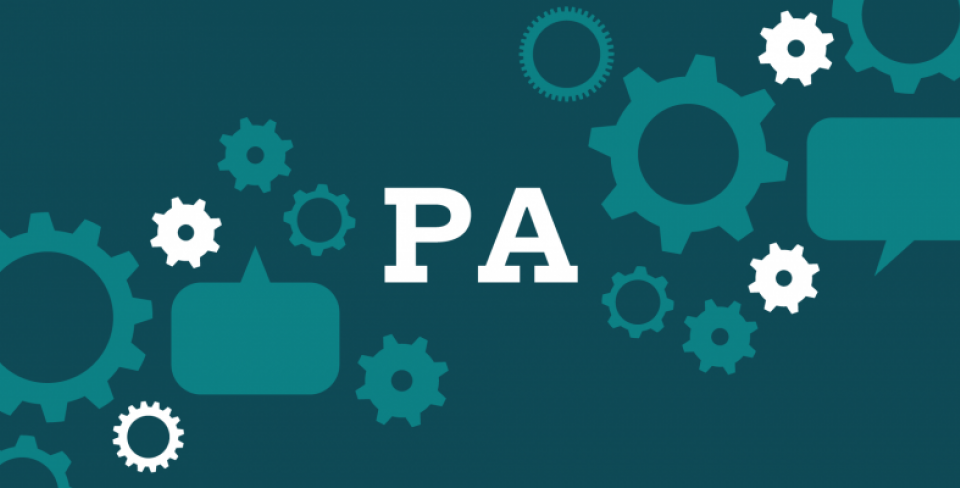 Teal background with speech bubbles and cogs and the letters "PA" in the middle.