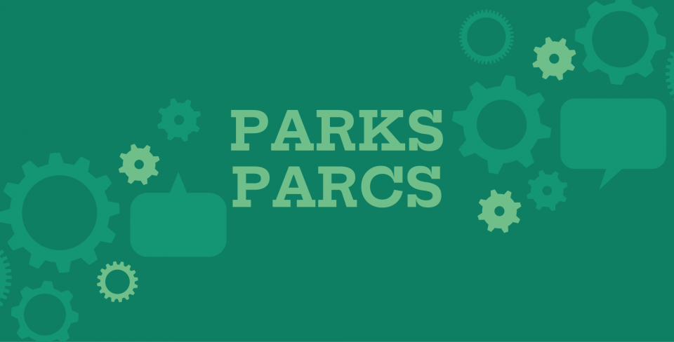 Green Parks-themed background with repeating gear and speech-bubble graphics.