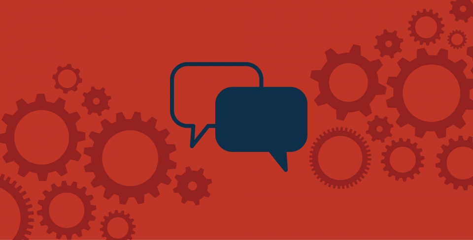 Red background with a collage of cogs and two navy text bubbles in the middle.