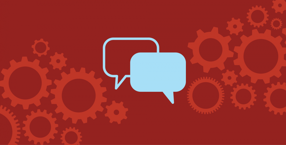 Bargaining graphic Red background with blue conversation bubbles in the middle and a collage of red cogs.