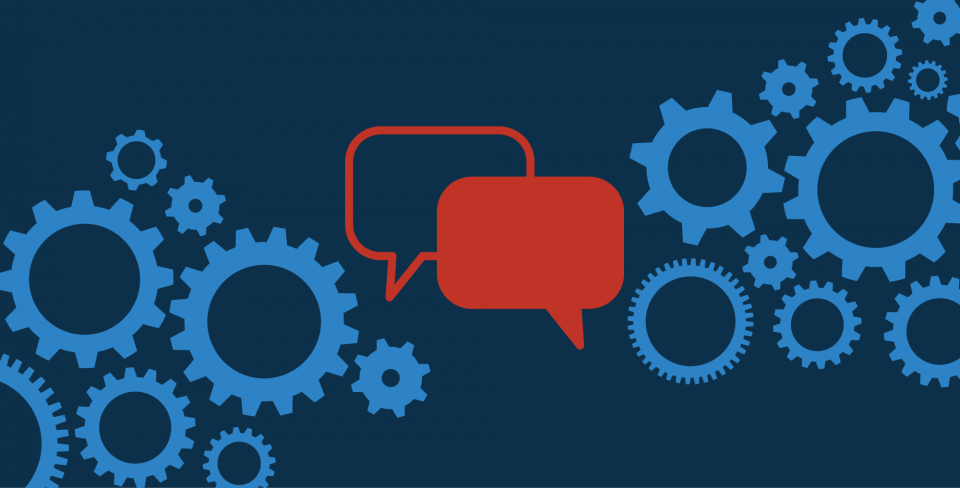 Navy background with a collage of cogs and two red chat bubble in the middle
