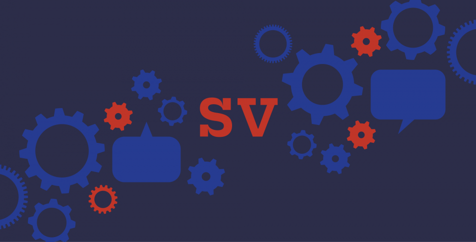 Navy background with a collage of cogs and speech bubbles and the letters "SV" in the middle.