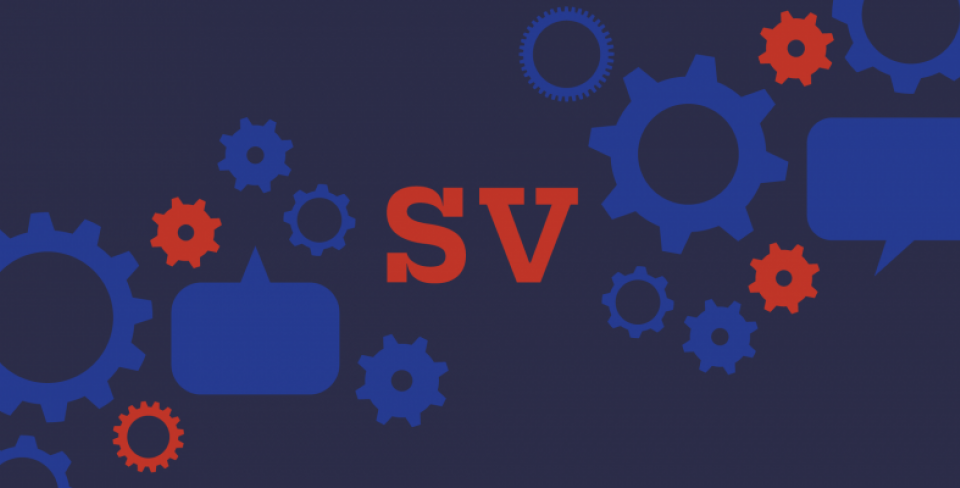 Graphic featuring the letters “SV” surrounded by speech bubbles and gears, representing communication, collaboration and bargaining.
