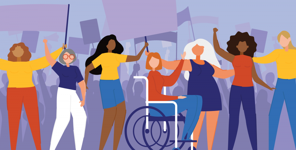 Digital graphic of a group of women with their arms raised at a protest.