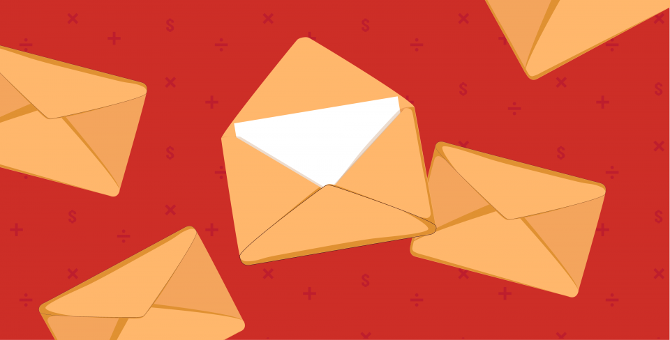 Collage of envelopes on a red background.
