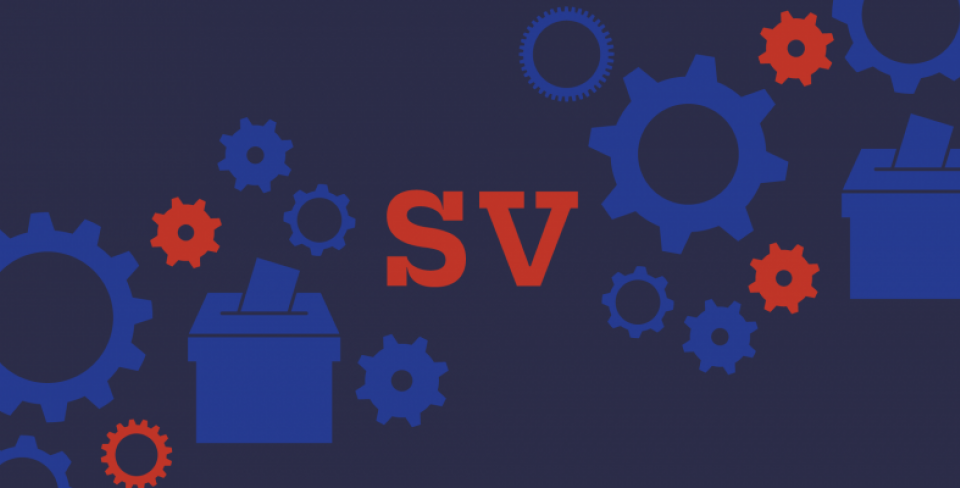 Navy blue background with a collage of speech bubbles and gears, and the letters “SV” in the centre.