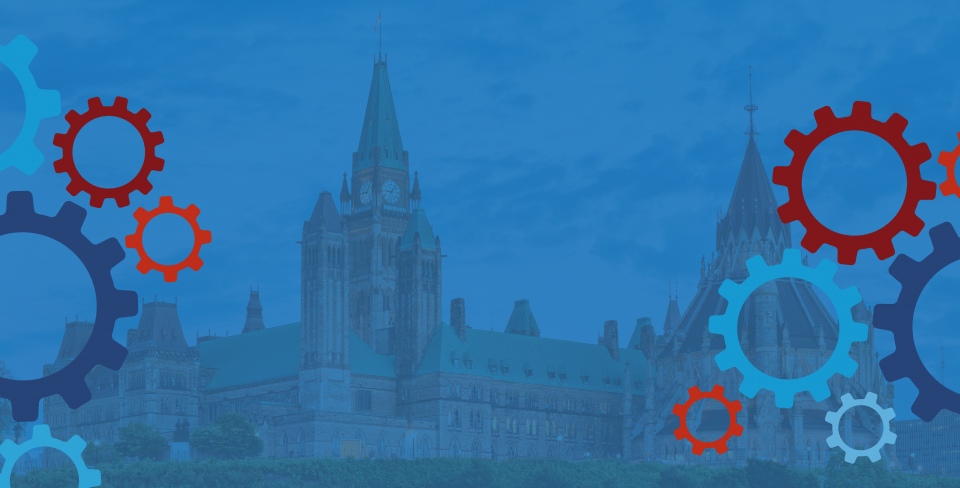 Blue graphic with the top of the Parliament building and a collage of cogs.