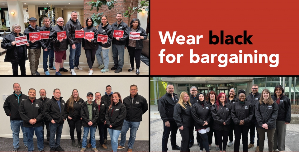 Photos of the PA, SV, and TC bargaining teams wearing black and the text "Wear black for bargaining"