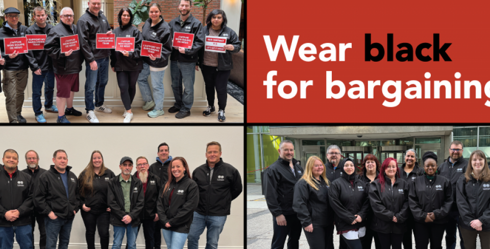 Photos of bargaining team members wearing black with white text on red that says "Wear black for bargaining". 