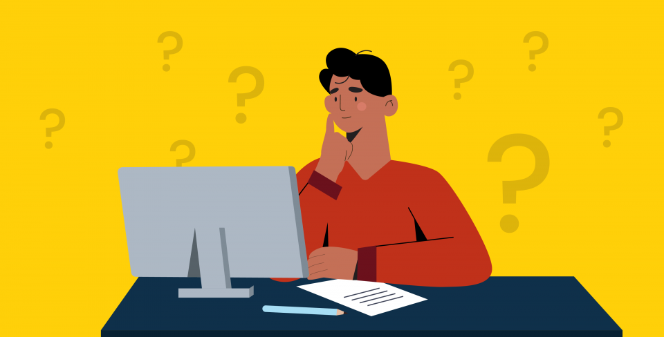 Yellow background with question marks and a person looking at a computer screen