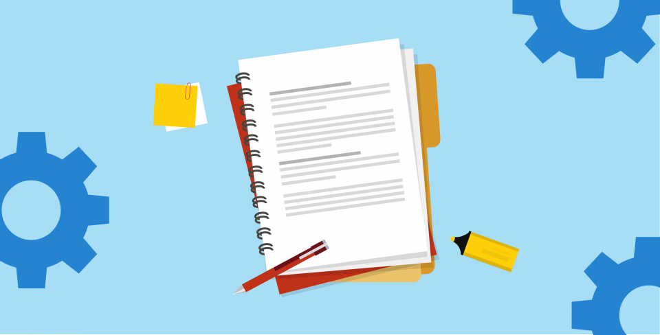 Blue background with cogs in the corners and a stack of papers and folder in the middle.